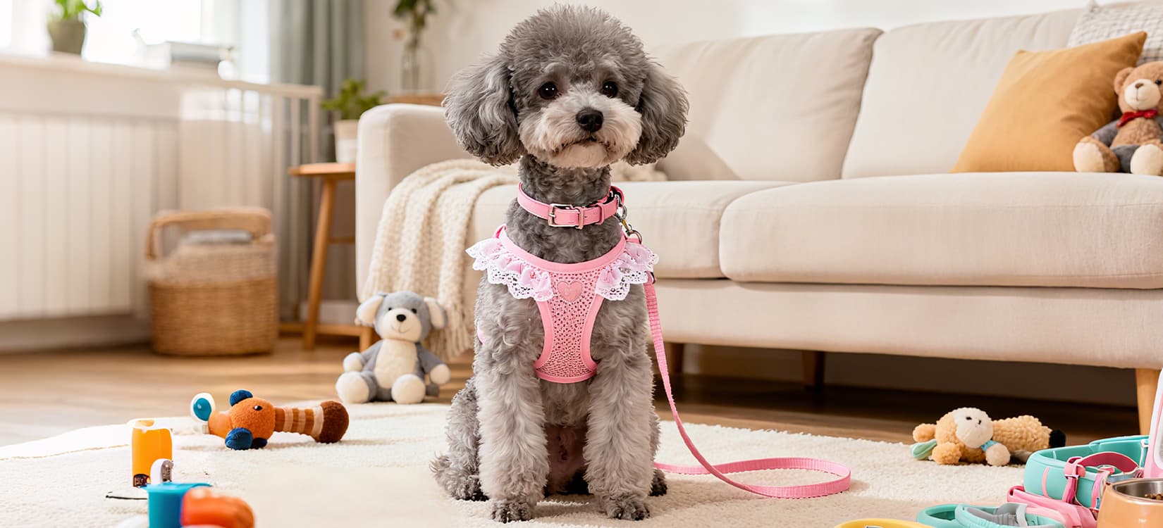 Best sellers pink lace dog harness set on small gray poodle sitting in cozy room