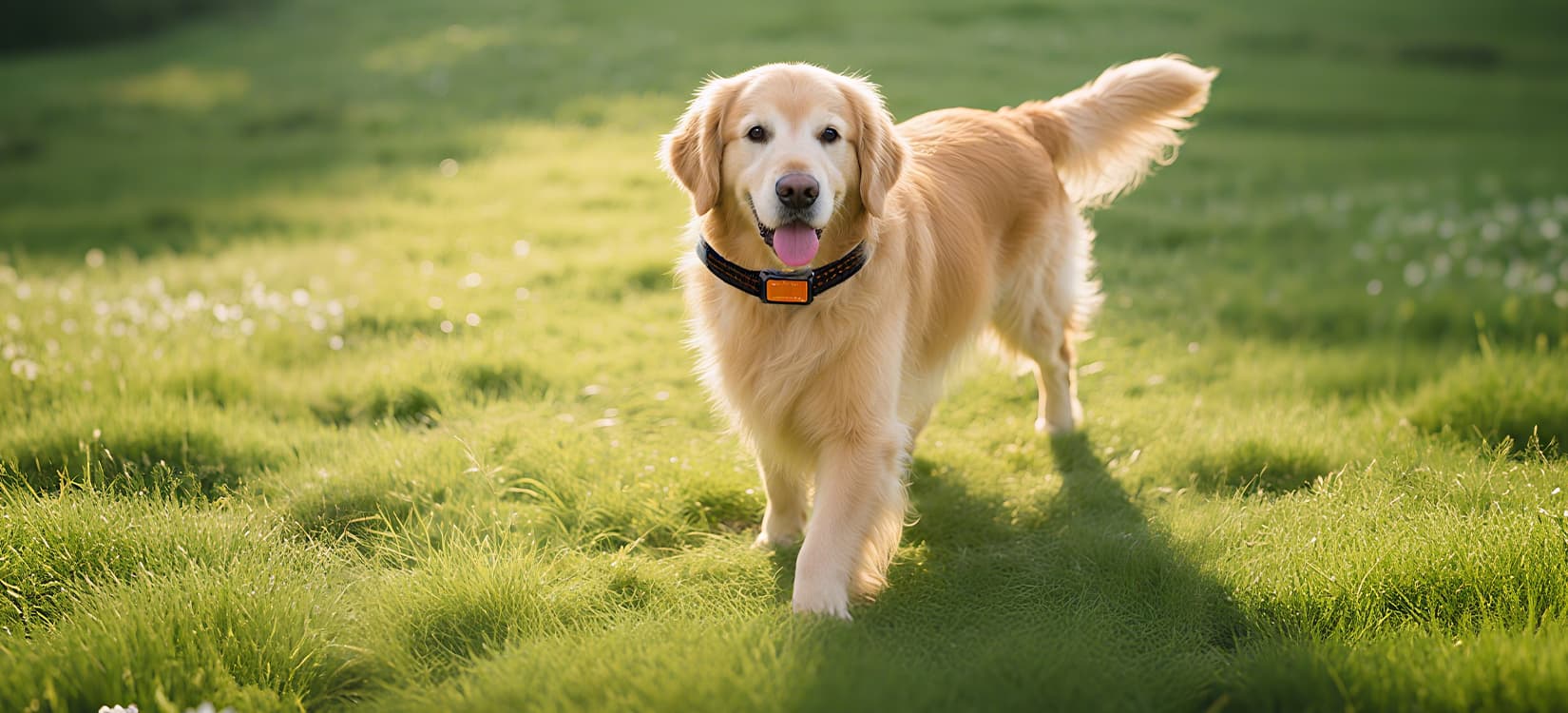 Dog bark collars category banner showing a golden retriever outdoors wearing a smart bark control collar for safe training