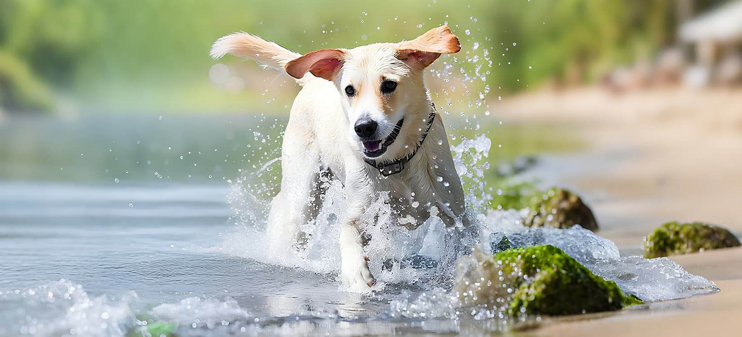 Dog fences category banner showing a Golden Retriever running and splashing in the water