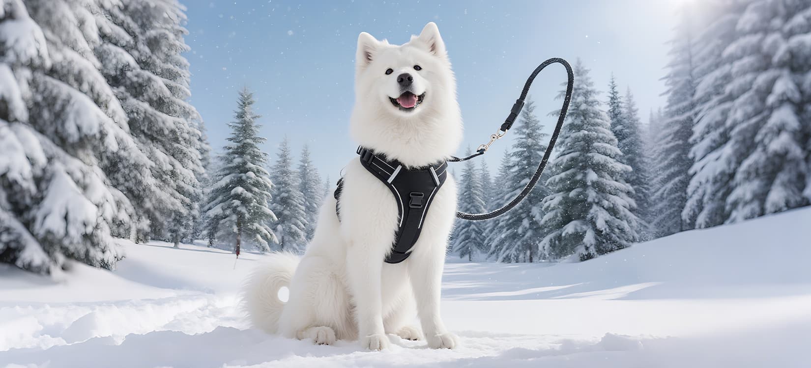 Dog harnesses and leashes category banner featuring a samoyed wearing a black harness with leash in snowy outdoor forest scene