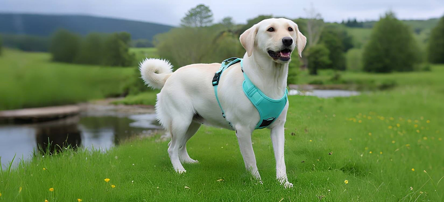 Dog harnesses category banner showing a Labrador wearing a blue outdoor harness near a river