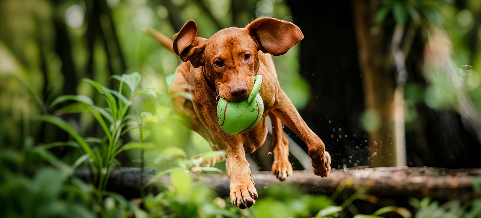 All collection dog running outdoors with green toy, representing energy and joy in pet lifestyle