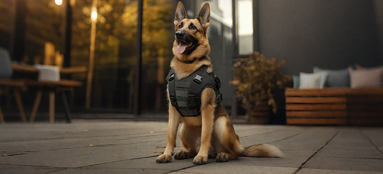 Dog training category banner showing a german shepherd wearing a black training harness while sitting outdoors