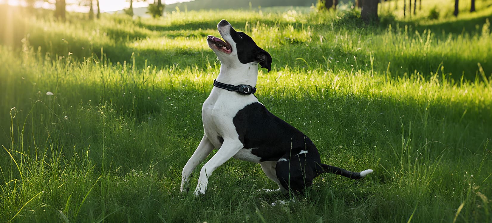 Dog training collars category banner showing a black and white dog outdoors wearing a training collar during active play