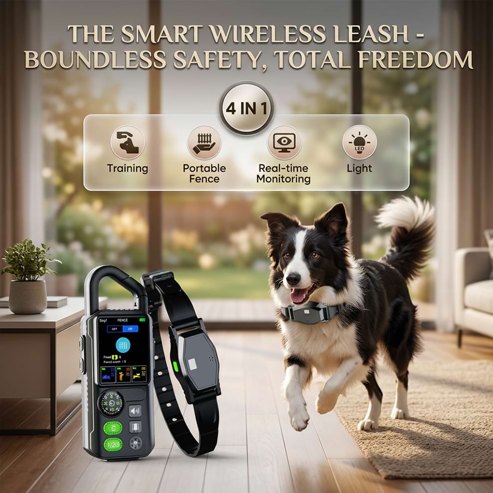 4-in-1 portable wireless dog fence system integrating training, boundary settings, real-time monitoring, and LED light functions.