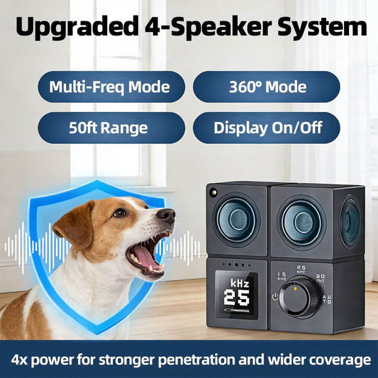 Upgraded 4-speaker Anti Barking Device system providing stronger penetration and 50ft range to Stop Dog Barking effectively.