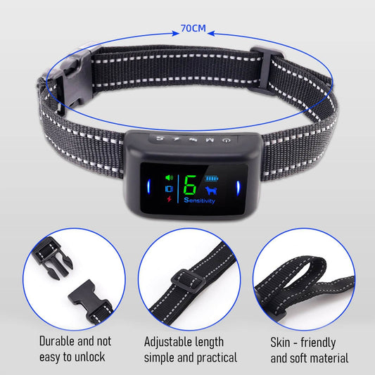 Bark control collar featuring a durable buckle, adjustable strap, and skin-friendly material