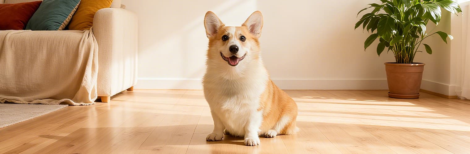 Dog sitting indoors before wearing Reflective Dog Collar, showing comparison of before use