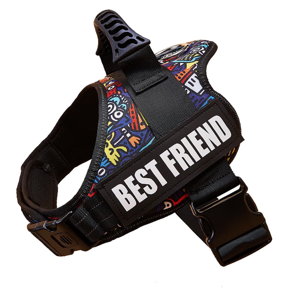 Blue halloween graffiti style large dog harness with reflective design