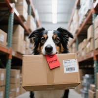 border-collie-dog-holding-cardboard-shipping-box-with-label-in-warehouse