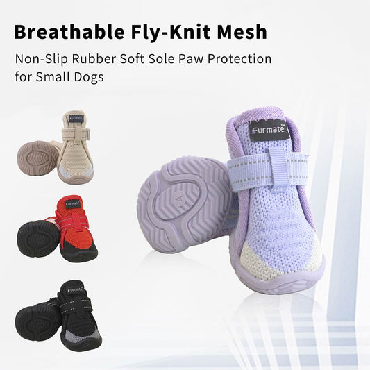Breathable Dog Shoes for Small Dogs displaying fly-knit mesh texture and flexible non-slip rubber bottoms.