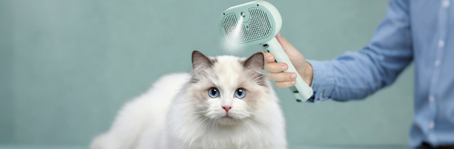 White fluffy cat being groomed with pet steam brush spraying mist