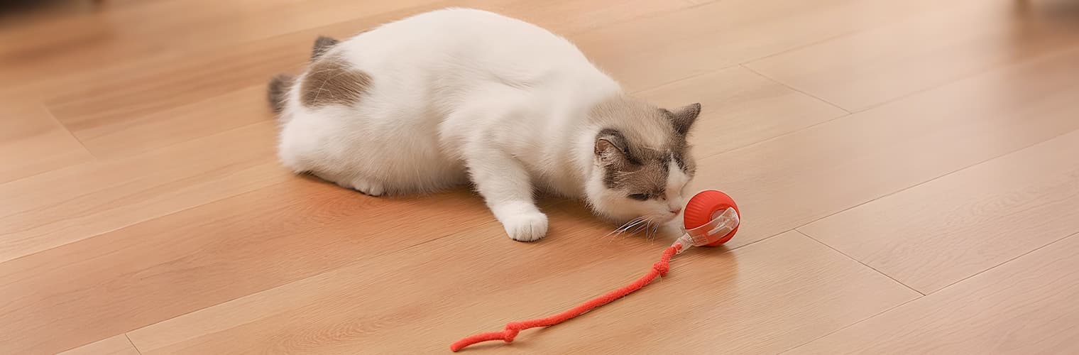 Cat sniffing and interacting with red cat balls toy on the floor after play