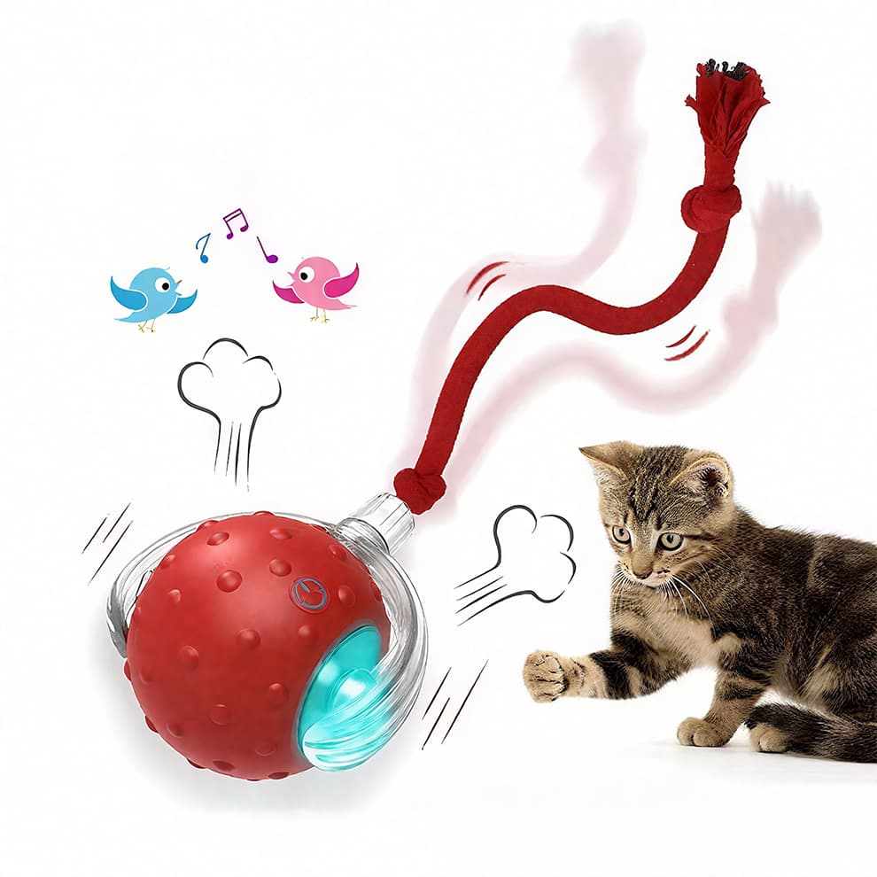Red cat balls toy with birdsong sounds and wake-up action for active cats