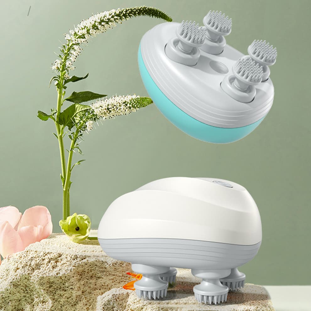 Handheld cat massager with four rotating silicone heads for muscle relief and relaxation