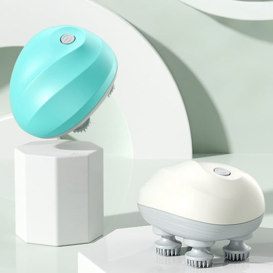 Cat massager in blue and white colors, USB rechargeable cordless design with multiple massage heads