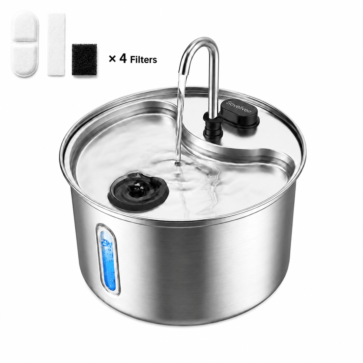 Sovelivee 3.5L stainless steel cat water fountain with flowing faucet, visible water level, and four replacement filters