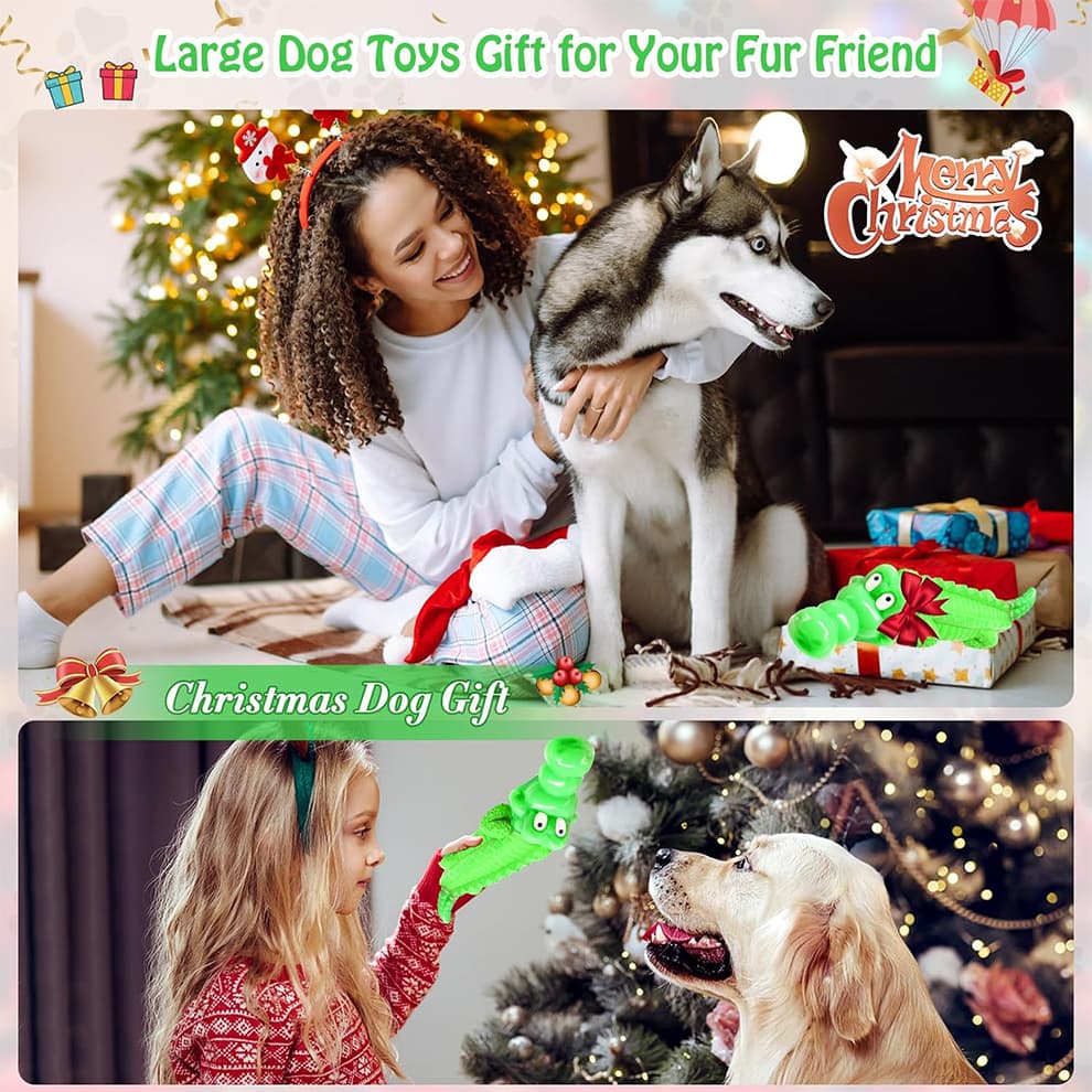 Christmas gift crocodile chew toy for dogs under holiday decoration