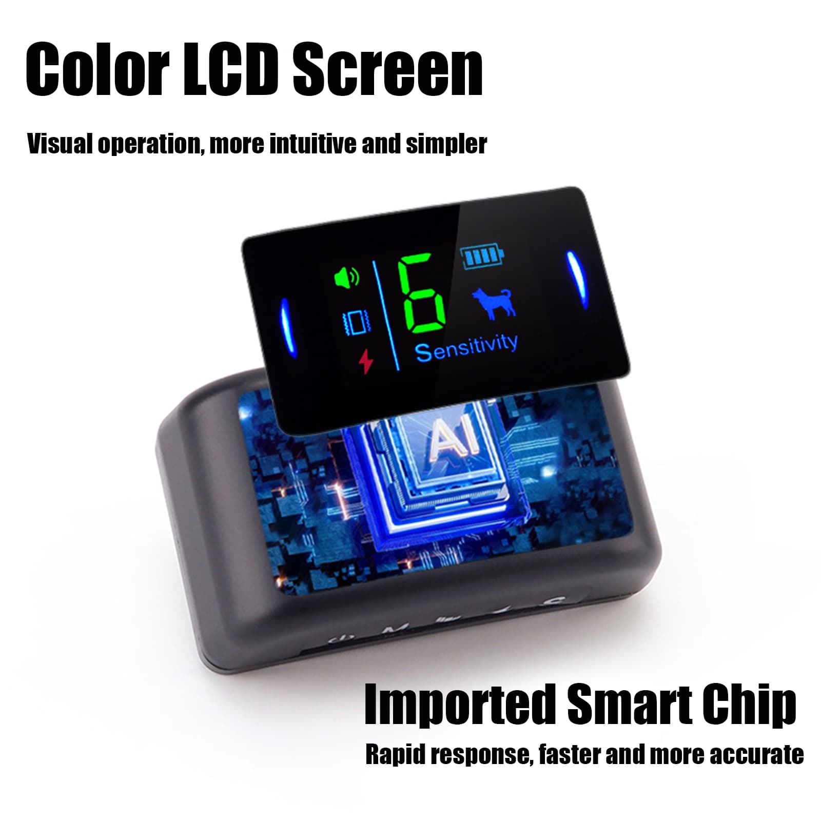 Dog training collar with color LCD screen displaying real-time mode and sensitivity levels