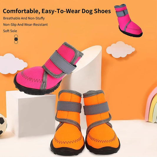 Comfortable dog shoes in rose red and orange featuring a soft sole and breathable fabric for daily wear.