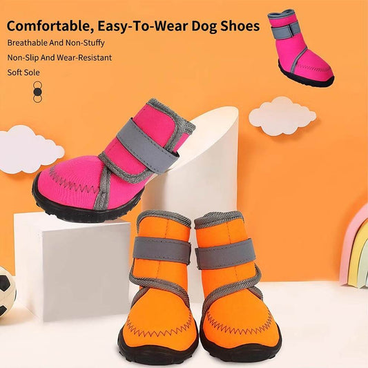 Comfortable dog shoes in rose red and orange featuring a soft sole and breathable fabric for daily wear.