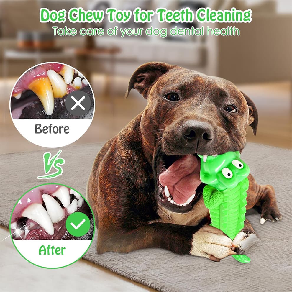 Dog using crocodile chew toy for teeth cleaning and gum massage