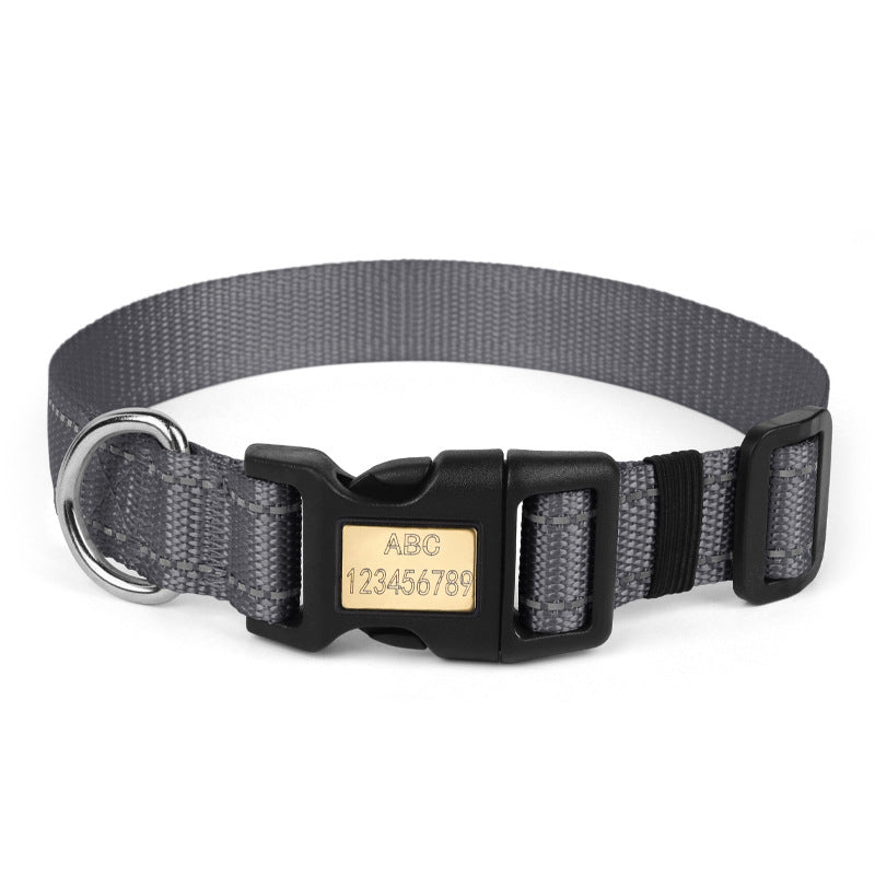 Nylon dog collar in dark grey with engraved ID buckle and reflective stitching for night safety