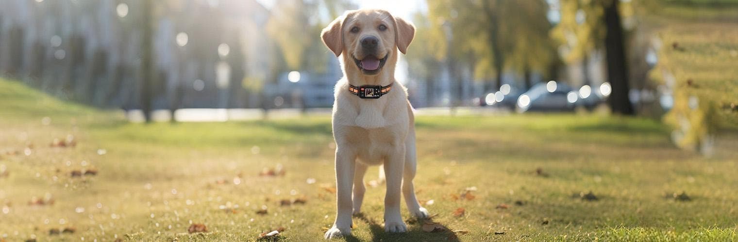 Dog wearing GPS wireless dog fence collar with LCD display for safe outdoor training