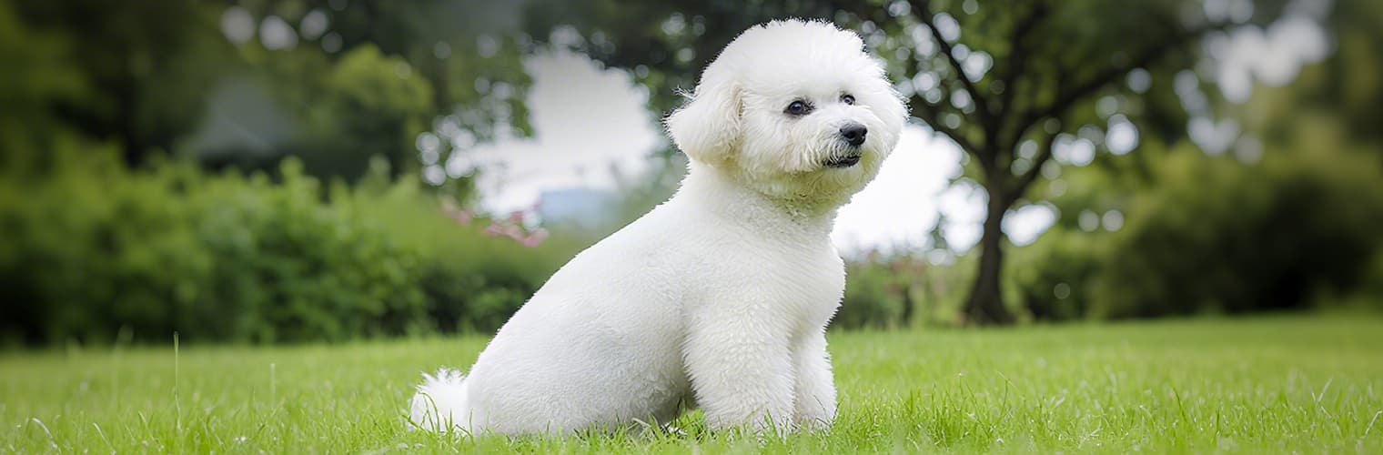 Small white dog sitting outdoors before wearing the yellow backpack harness