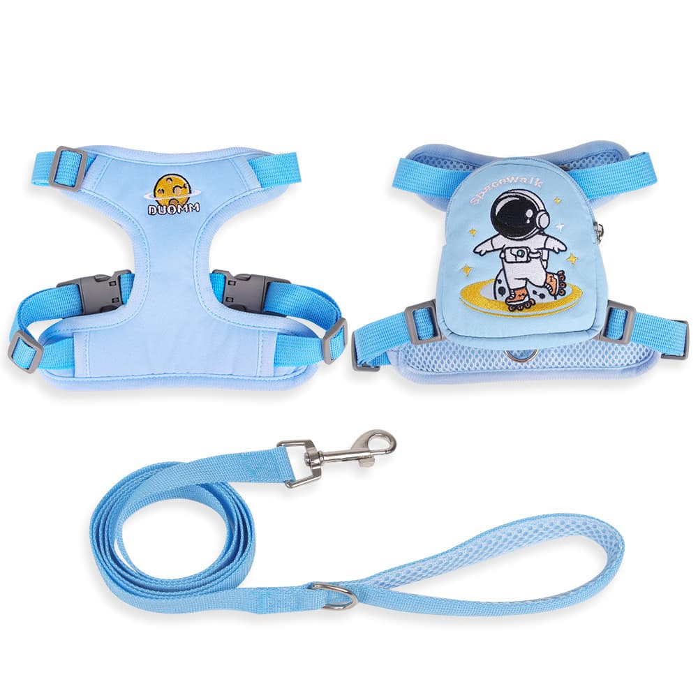Blue dog backpack harness with cartoon astronaut backpack and leash