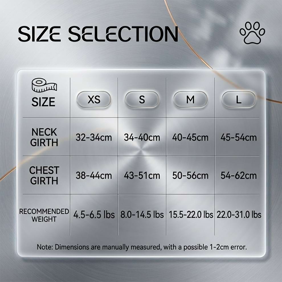 Size selection chart for the dog backpack harness, providing precise neck girth, chest girth, and recommended weight from XS to L.