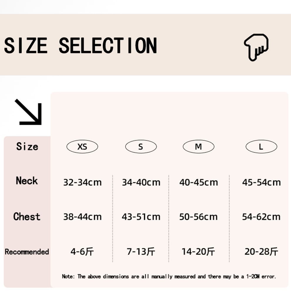 Dog backpack harness size chart with neck and chest measurements