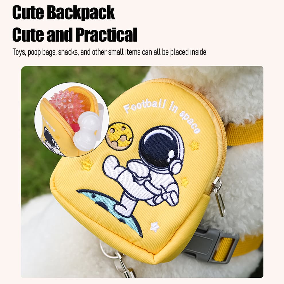 Dog harness backpack close-up with storage space for toys and treats