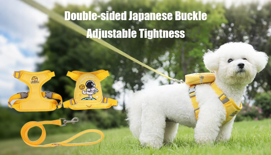 Dog backpack harness set with vest, detachable pouch, and leash in yellow color