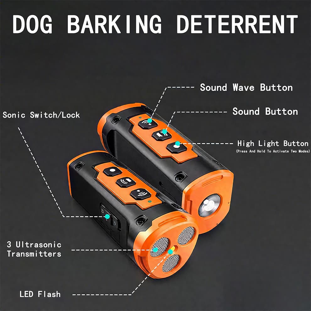 Dog barking deterrent showing ultrasonic, sound, and flashlight buttons