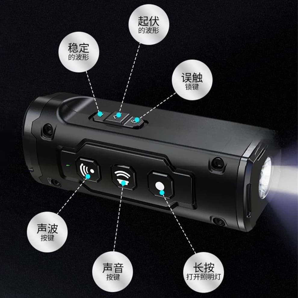 Dog barking deterrent with labeled buttons and flashlight mode