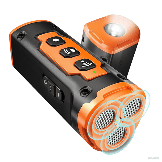 Dog barking deterrent with ultrasonic emitters and flashlight
