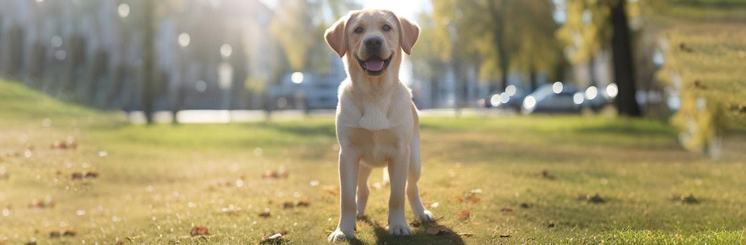 Dog standing on grass before wearing GPS training collar for outdoor containment