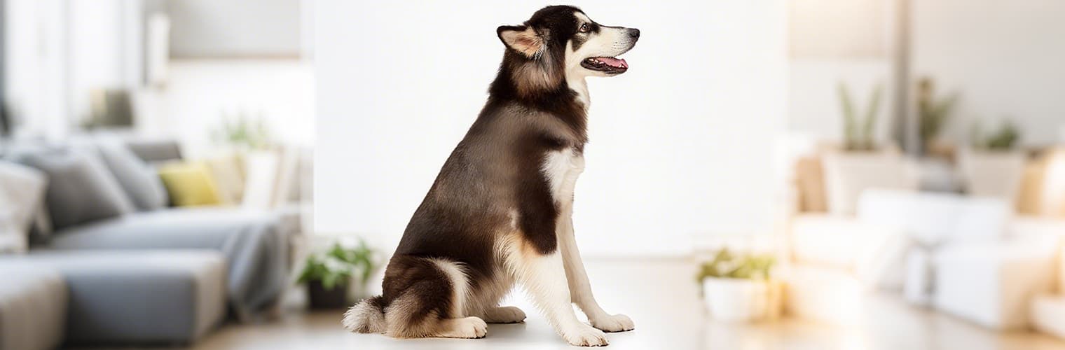 Dog sitting before wearing large dog harness in home environment