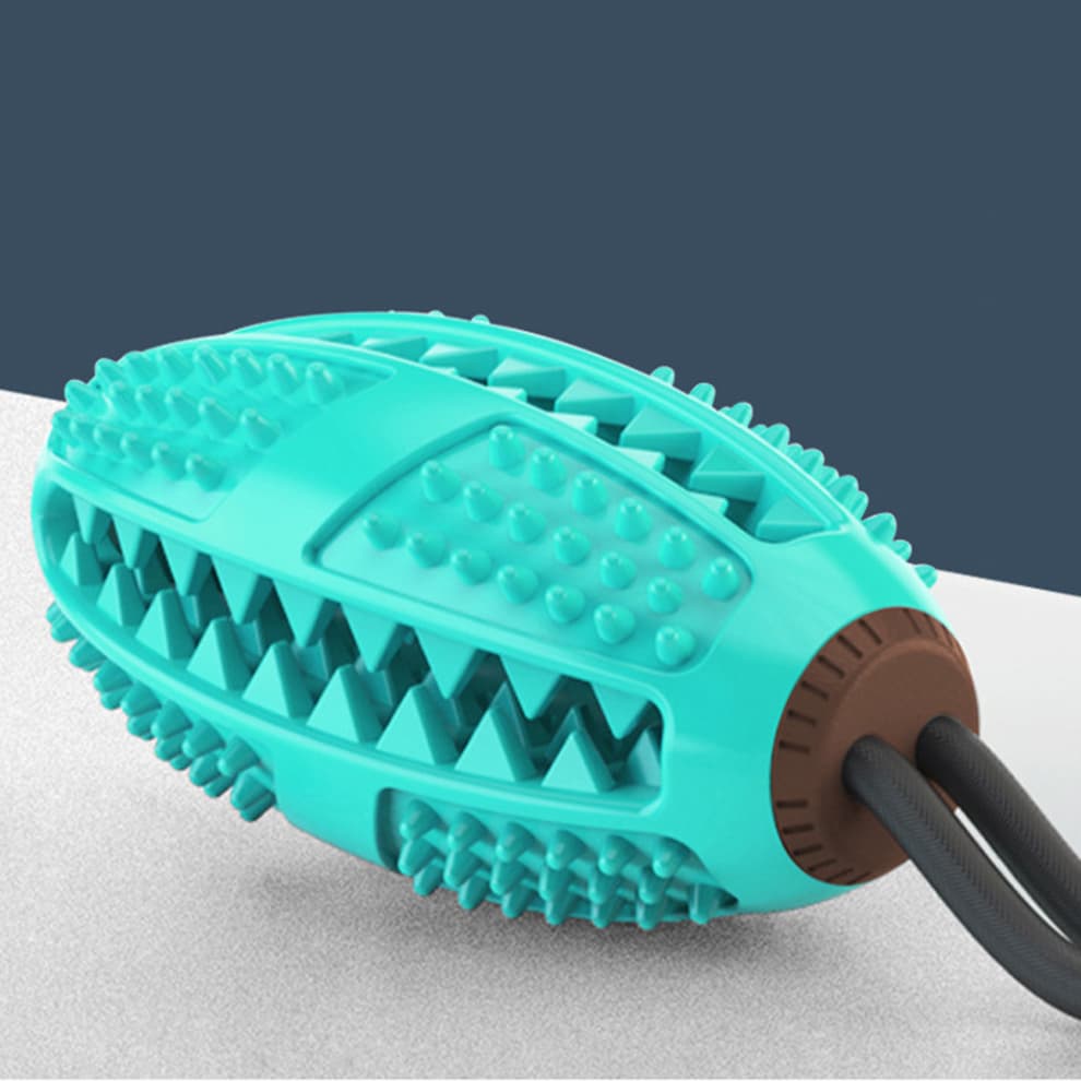 Close-up of blue dog chew toy with textured bumps and strong rope for chewing and tugging