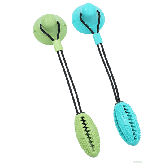 Dog chew toy with suction cup in green and blue, durable TPR design for chewing and dental cleaning