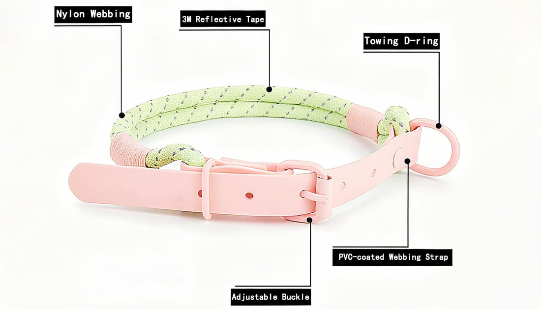 Dog collar product details showing nylon webbing, reflective strip, PVC strap, and metal D-ring