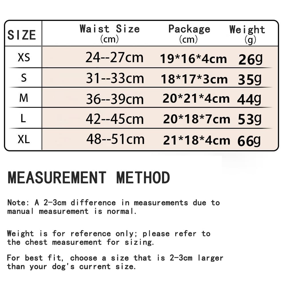 Dog diapers size chart XS to XL with waist measurement guide