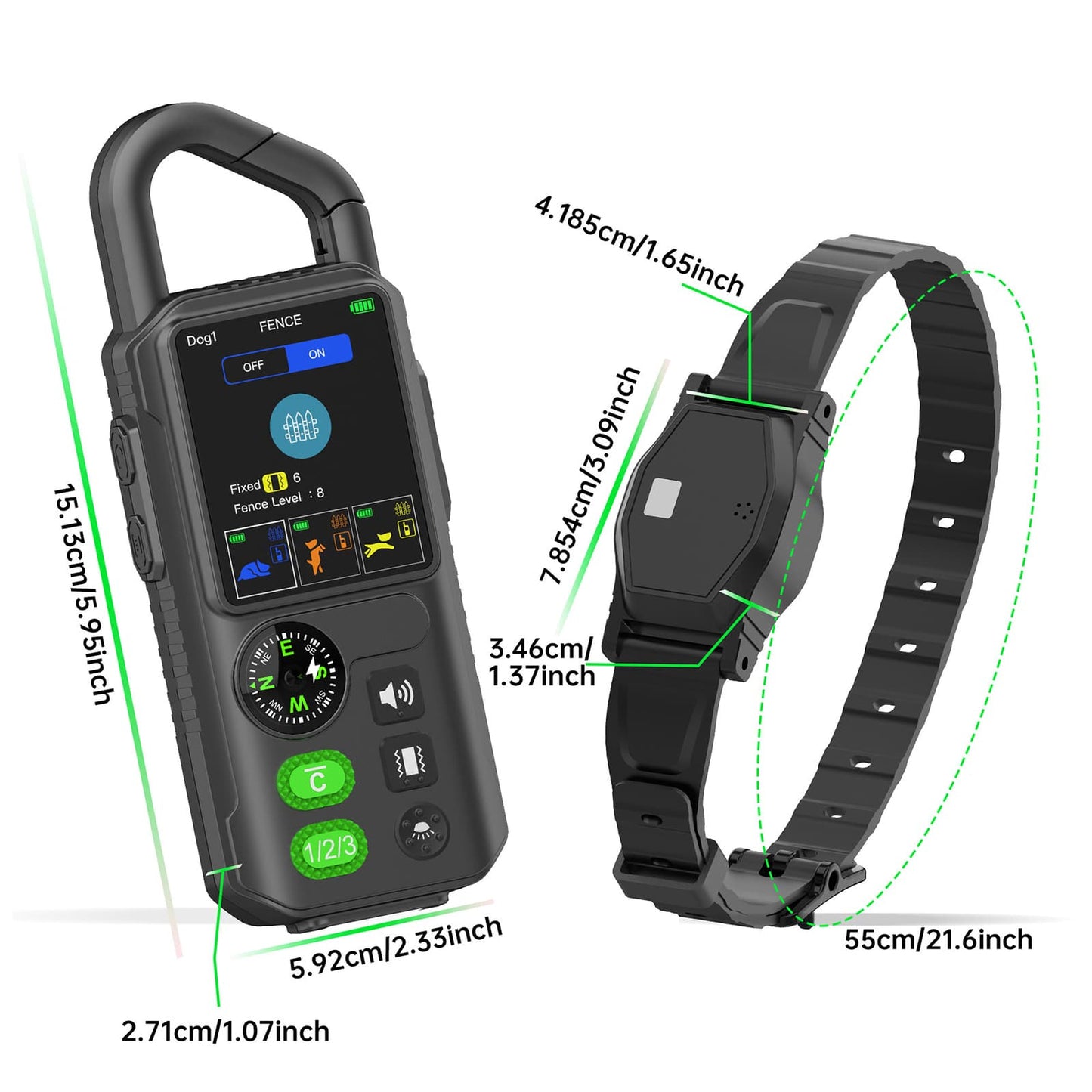 Training collar and remote control size dimensions for dogs