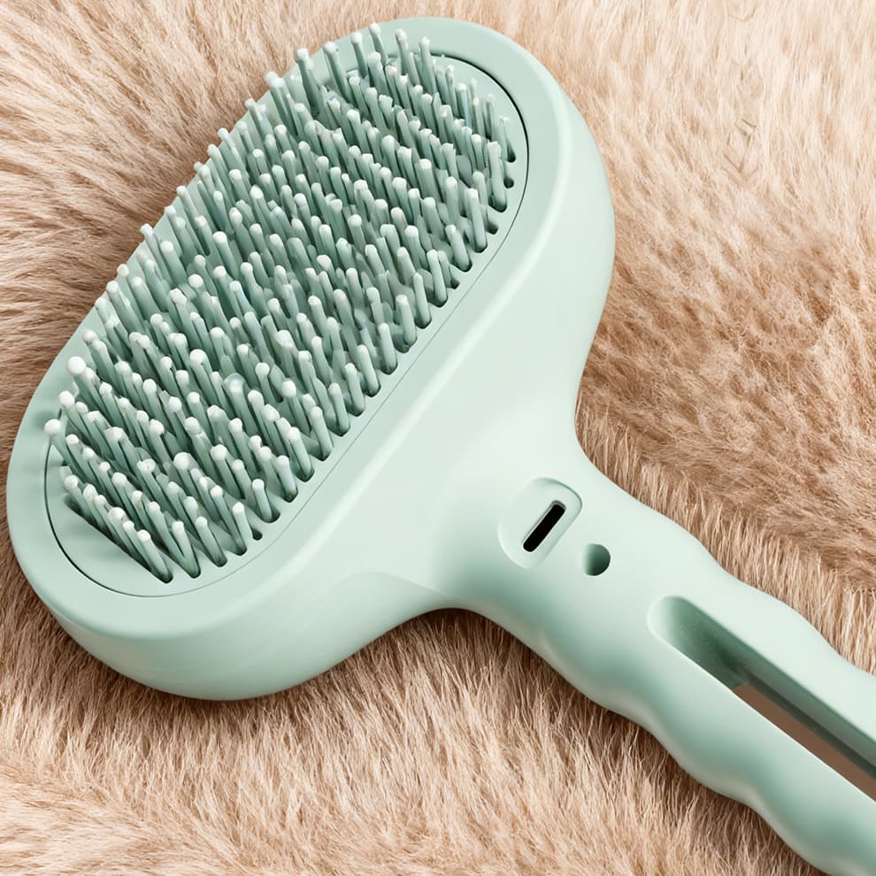 Dog being groomed with steam brush removing loose fur