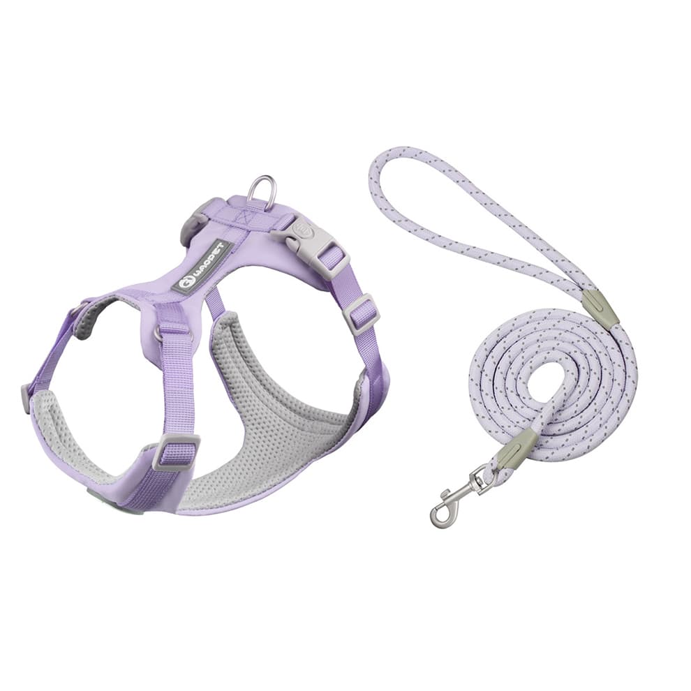 Dog harness and leash set in purple with reflective details and leash