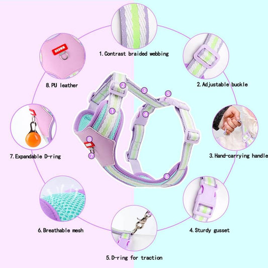 Detailed view showing adjustable buckle, breathable mesh, reflective webbing, and PU leather design