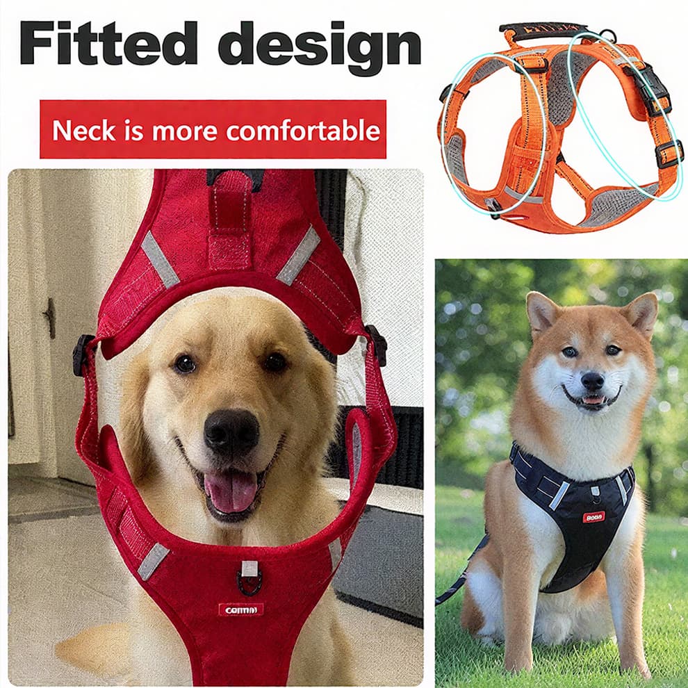 Adjustable dog harness straps for secure custom fit from XS to XL, breathable mesh and quick-release buckles
