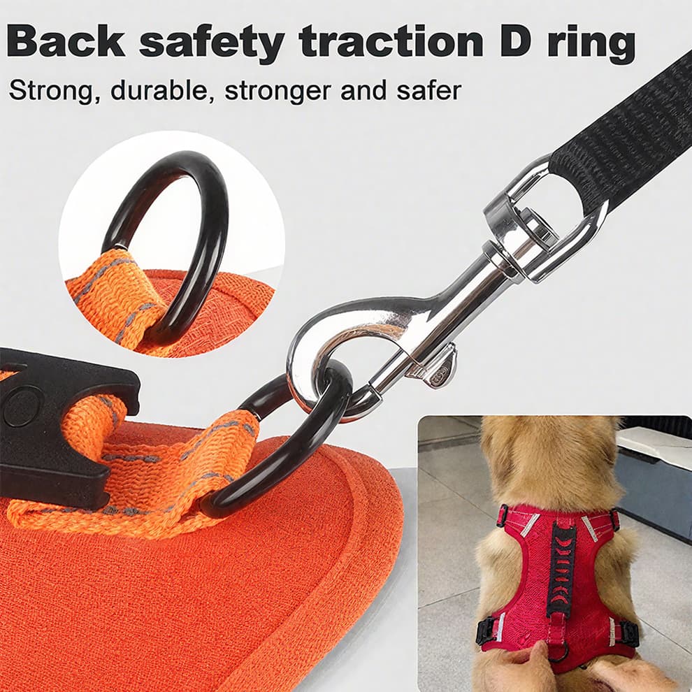 Heavy-duty metal D-ring back clip and reinforced stitching on no pull dog harness