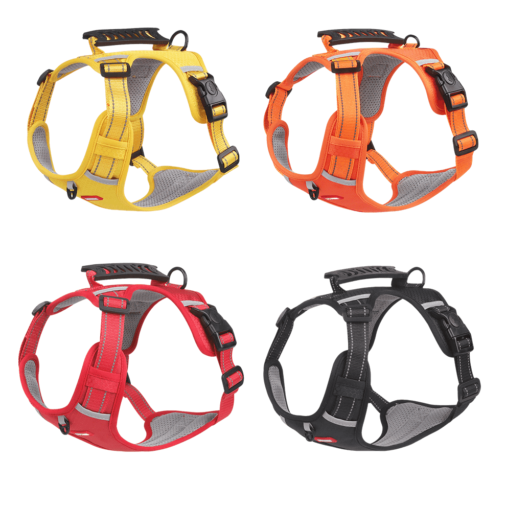 Adjustable dog harness and leash set with reflective straps and LED light in Yellow, Orange, Red, and Black